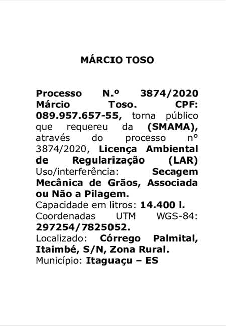 Licença Ambiental Requerida - Márcio Toso